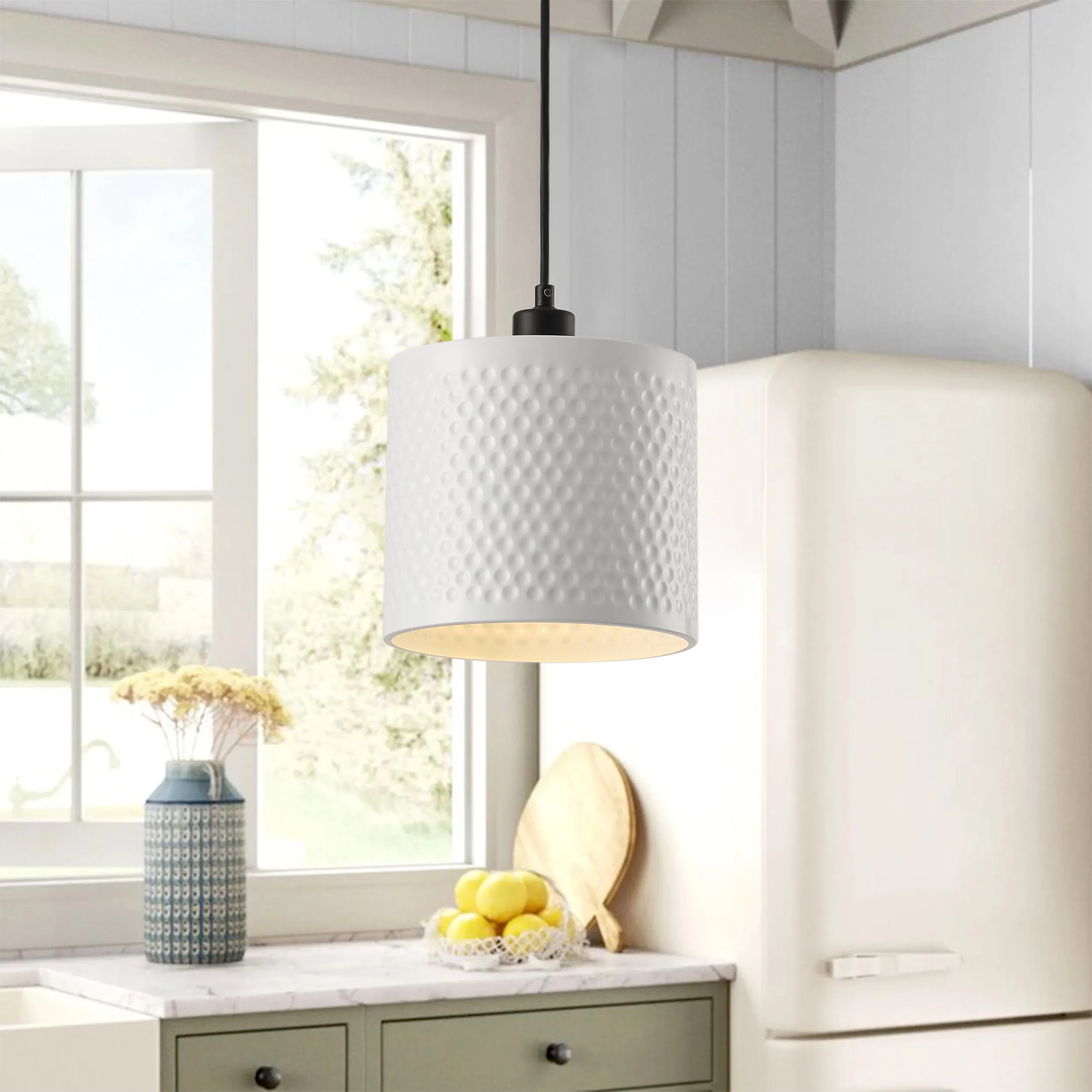 1-Light White Cylinder Shade Dimmable Adjustable Pendant Lighting