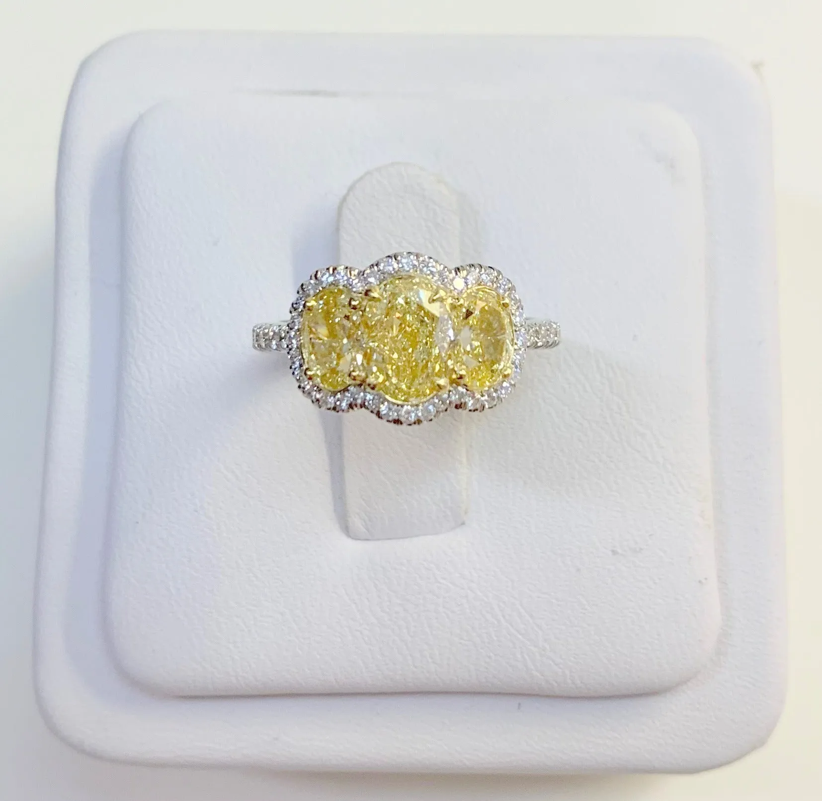 18K White Gold 4.15ct. Three- Stone Yellow Diamond Fashion Ring
