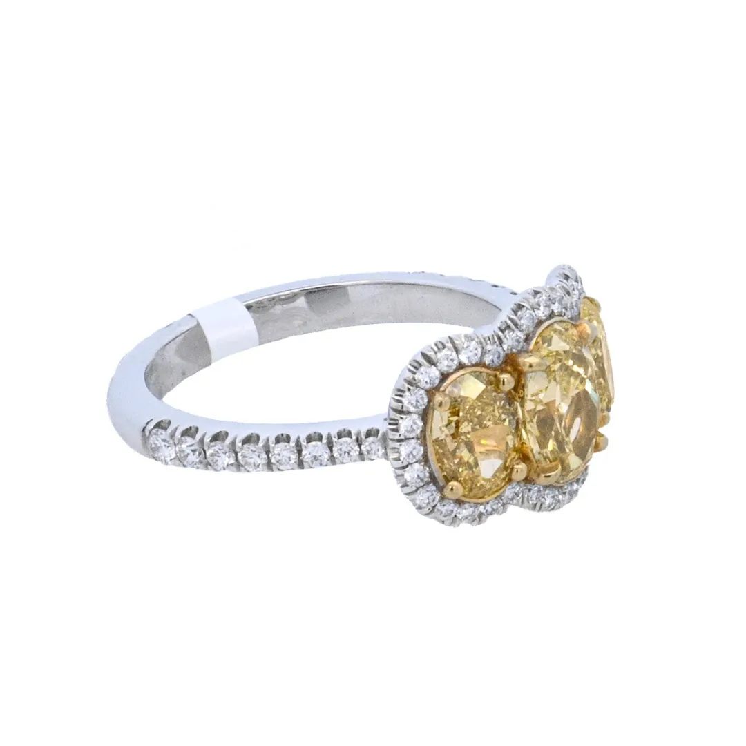 18K White Gold 4.15ct. Three- Stone Yellow Diamond Fashion Ring