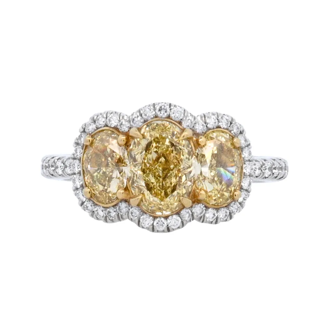 18K White Gold 4.15ct. Three- Stone Yellow Diamond Fashion Ring