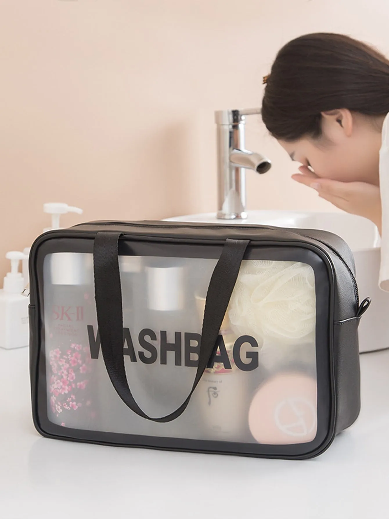 1pc Frosted Cosmetic Bag Large Capacity Travel Toiletry Bag With Handle
