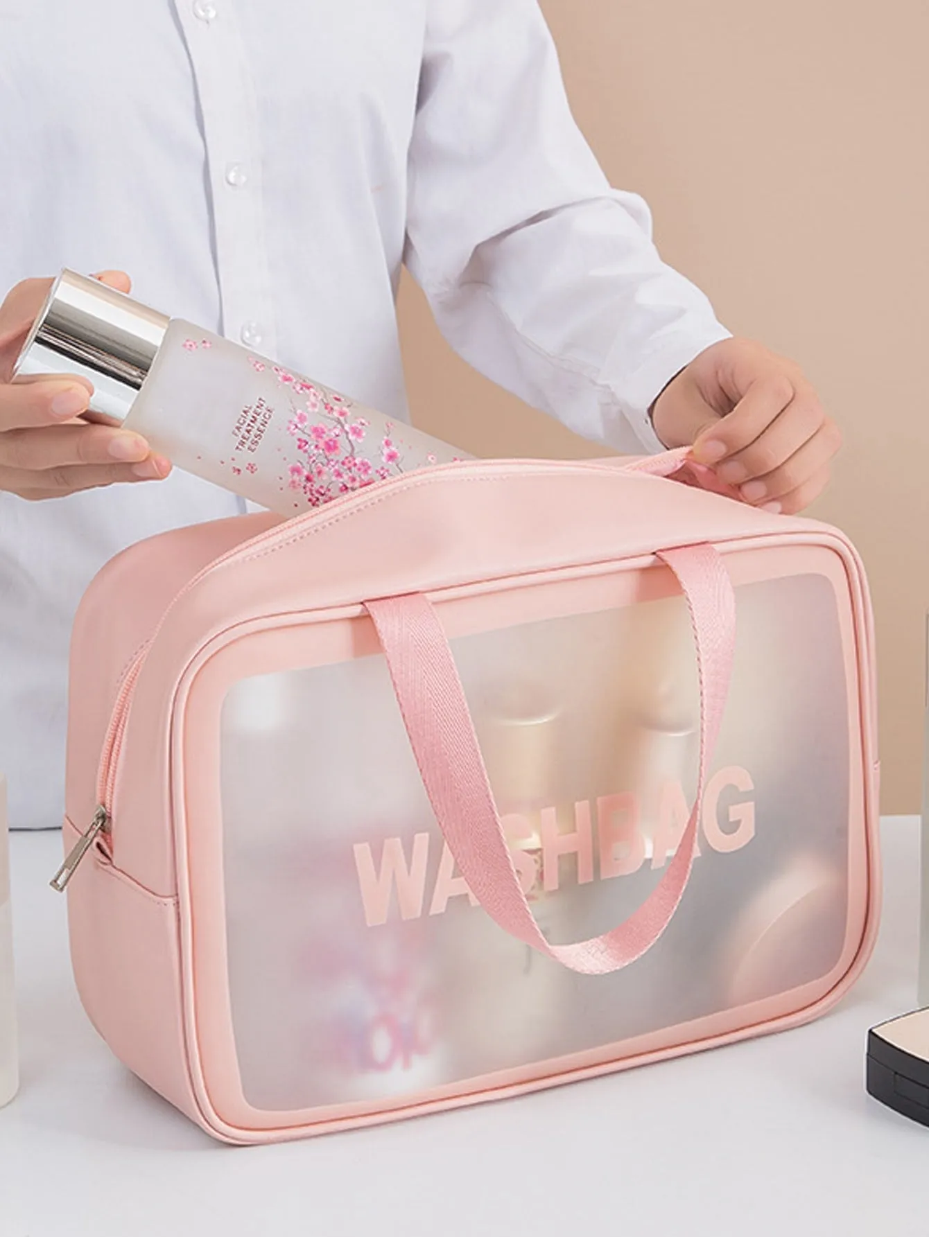 1pc Frosted Cosmetic Bag Large Capacity Travel Toiletry Bag With Handle