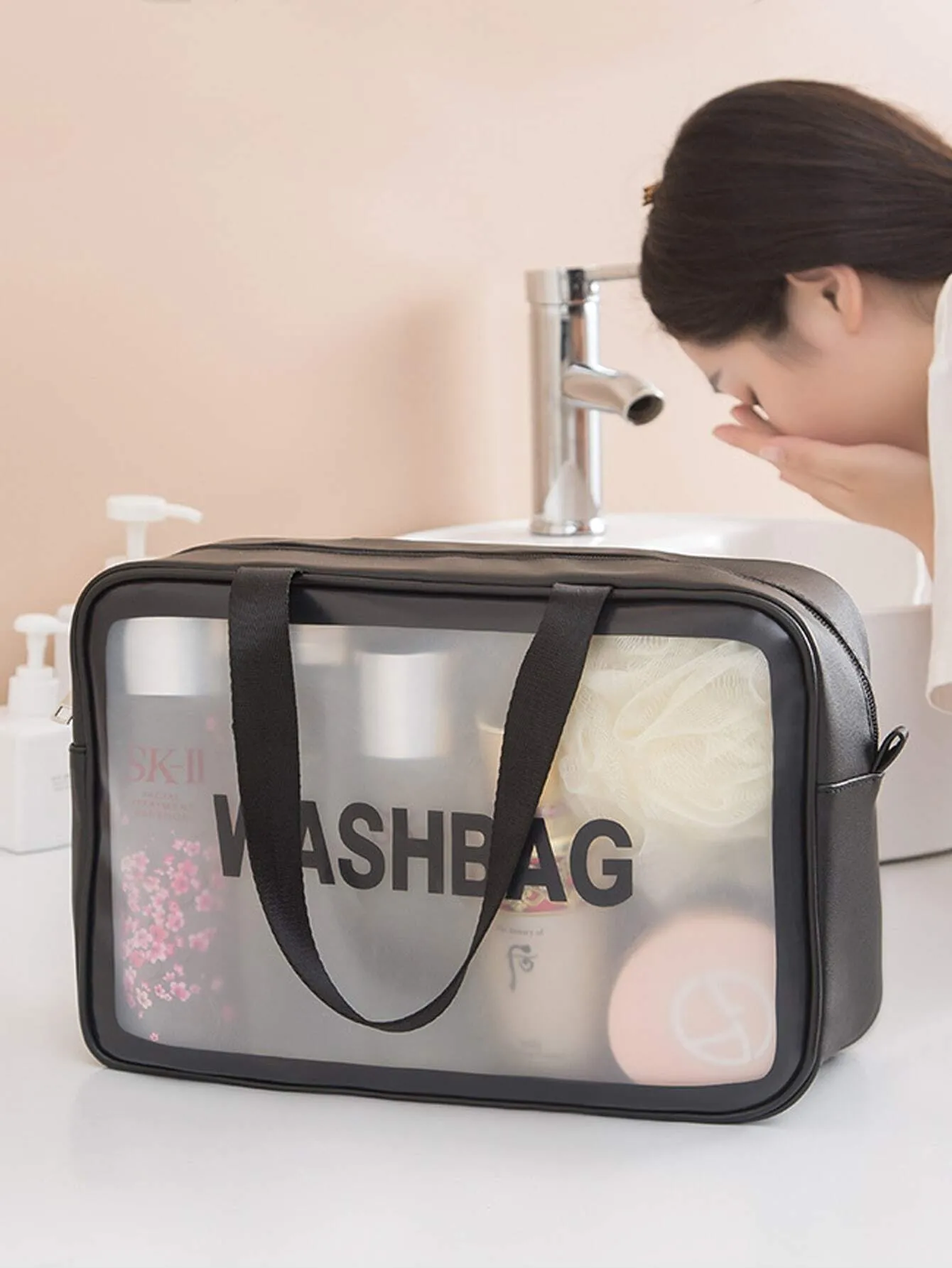 1pc Frosted Cosmetic Bag Large Capacity Travel Toiletry Bag With Handle