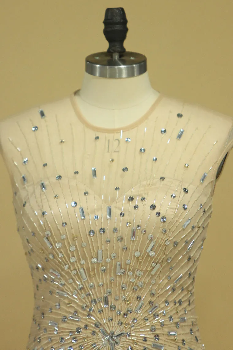 2024 Sleeveless Mermaid Prom Dresses Beaded With A Starburst Of Bugle Beads And Clear Crystals Tulle
