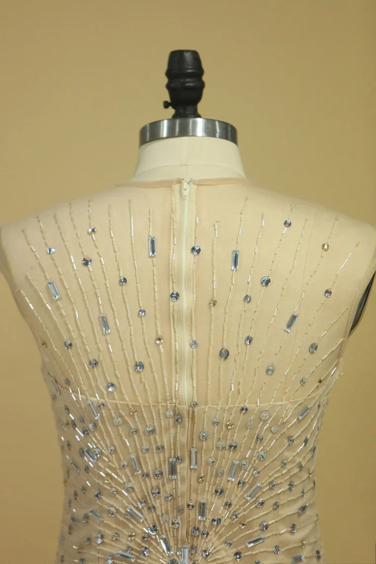 2024 Sleeveless Mermaid Prom Dresses Beaded With A Starburst Of Bugle Beads And Clear Crystals Tulle