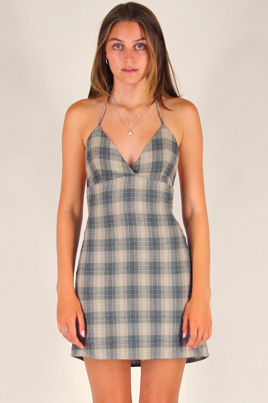 Adjustable Bralette Dress - Flannel Green Beige Plaid