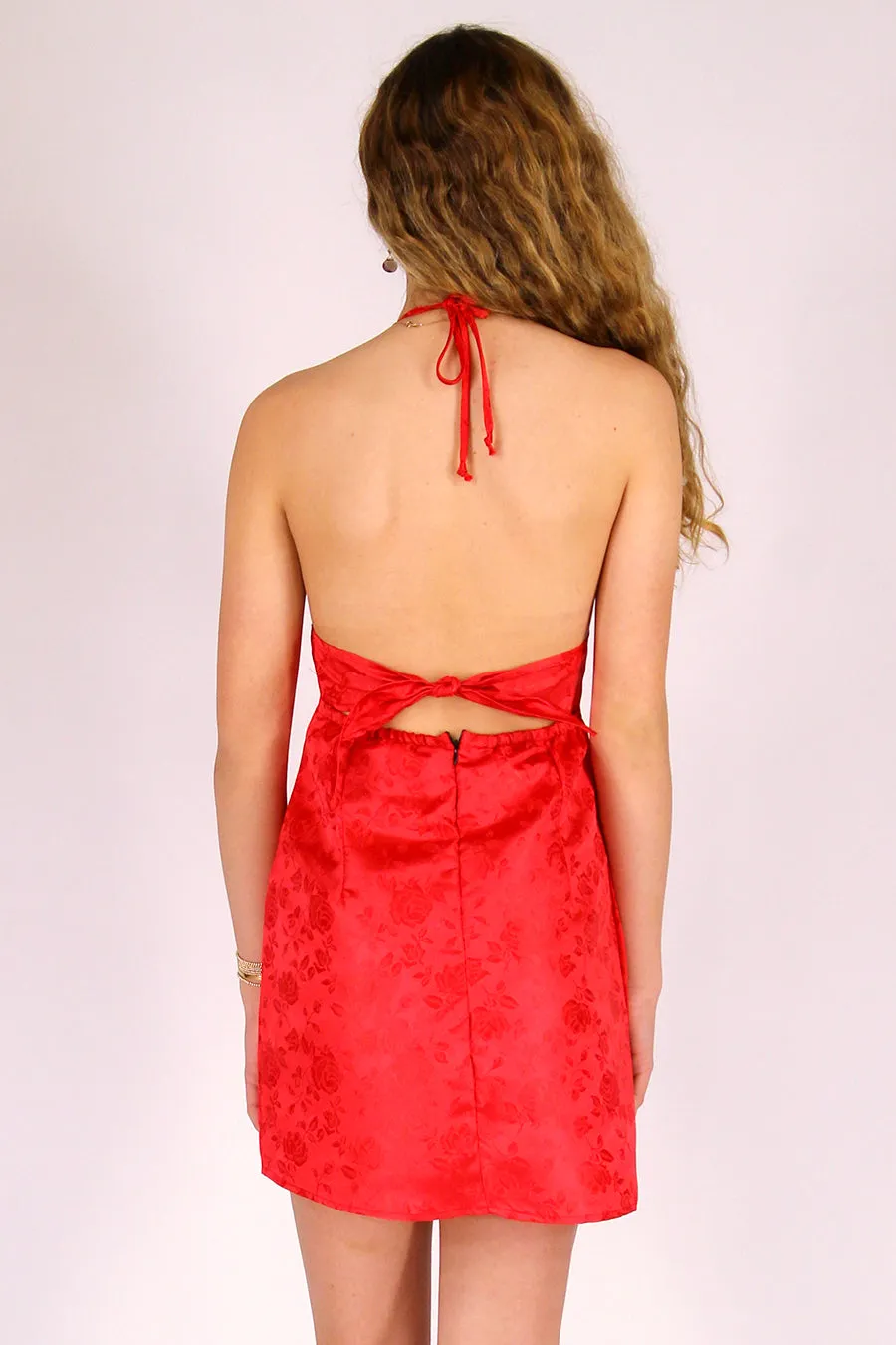 Adjustable Bralette Dress - Red Satin with Roses