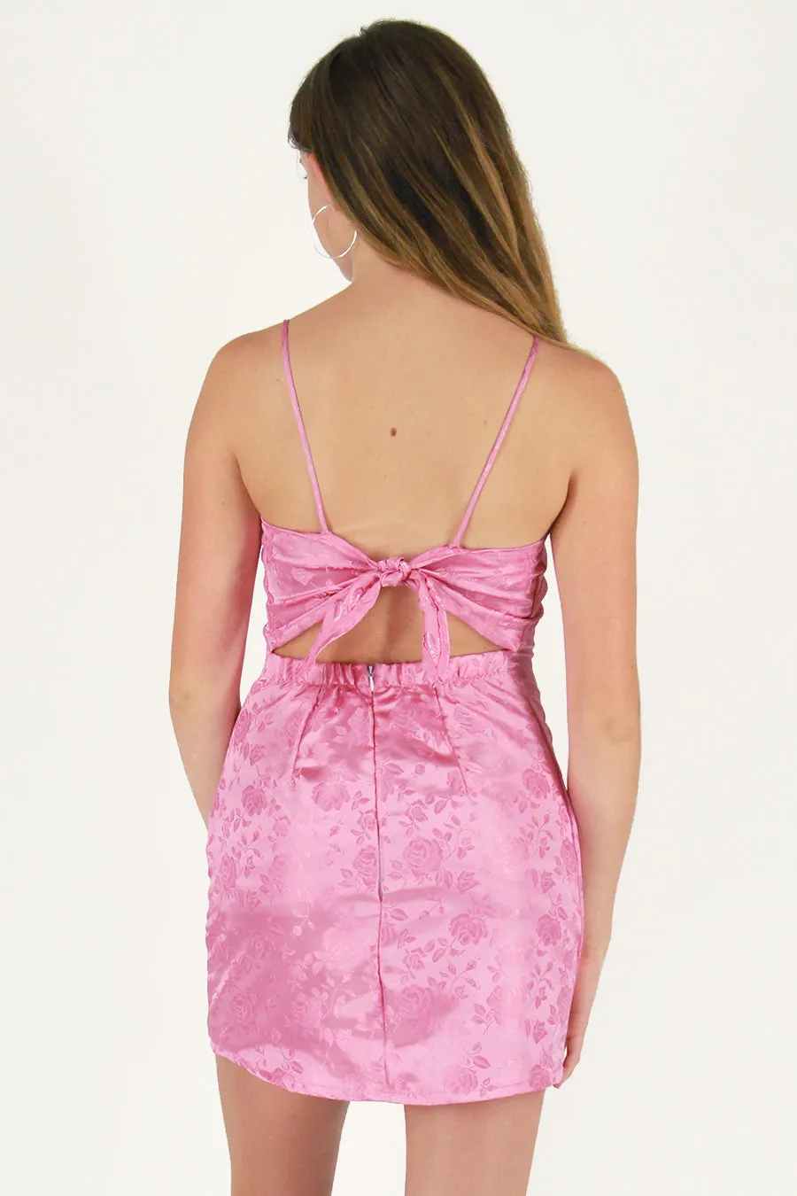 Adjustable Satin Dress - Pink Satin with Roses