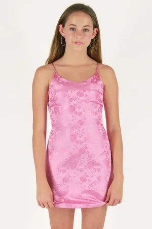 Adjustable Satin Dress - Pink Satin with Roses