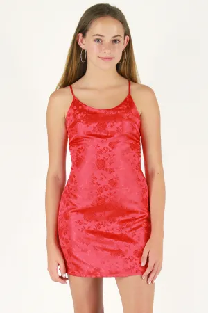 Adjustable Satin Dress - Red Satin with Roses Adjustable Satin Dress - Red Satin with Roses