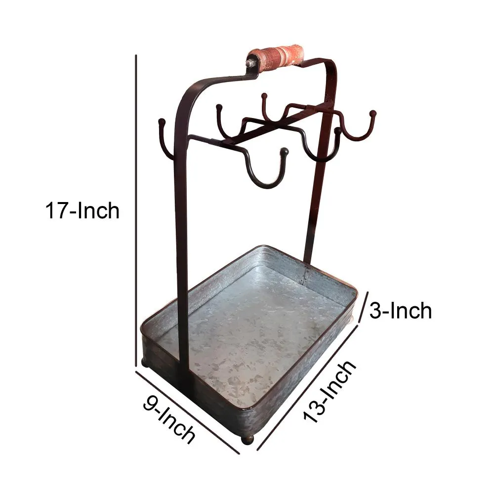 AMC0018 Rustic Style Galvanized Metal Crockery Holder with Six Cup Hooks, Gray