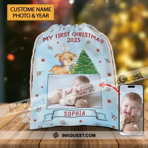 Baby First Christmas - Custom Photo And Name, Personalized String Bag, Gift For Family, Christmas Gift