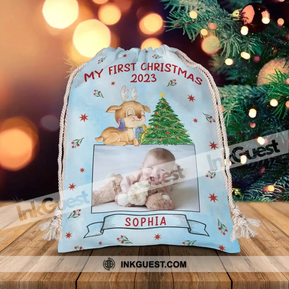 Baby First Christmas - Custom Photo And Name, Personalized String Bag, Gift For Family, Christmas Gift