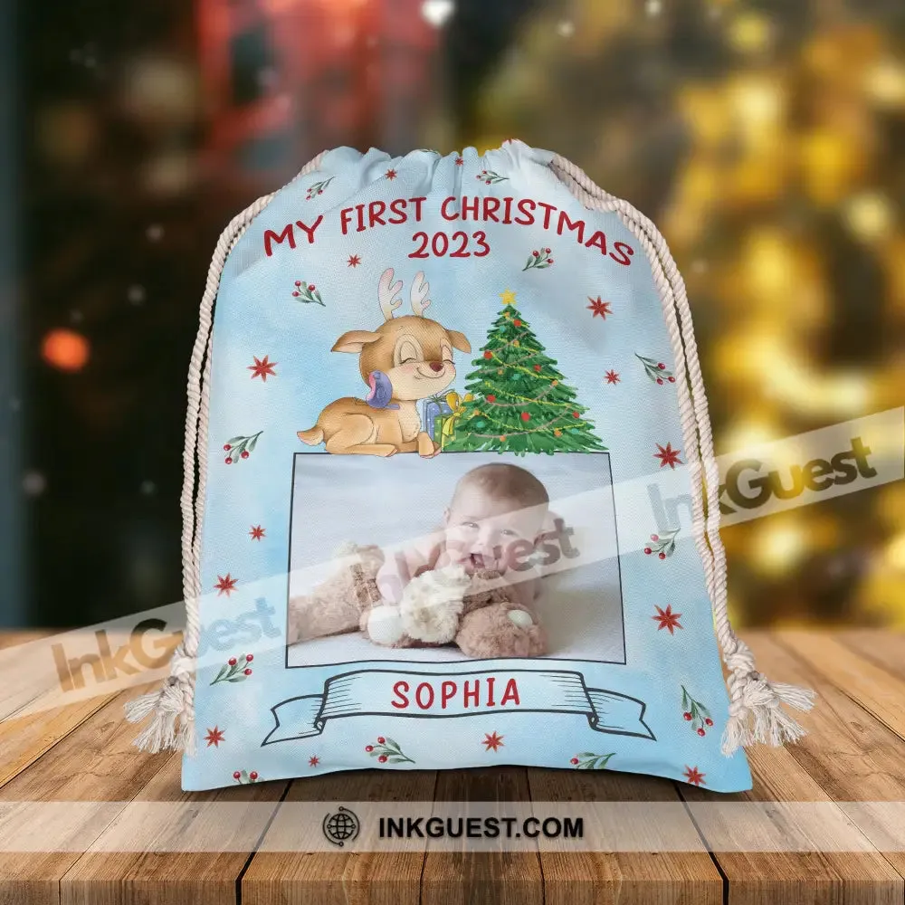Baby First Christmas - Custom Photo And Name, Personalized String Bag, Gift For Family, Christmas Gift