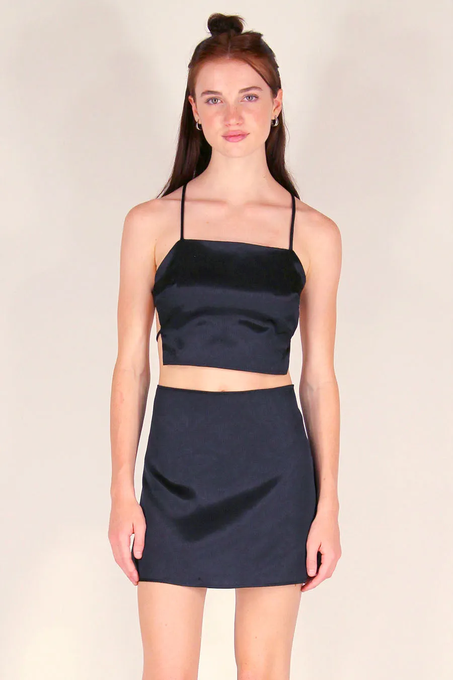 Backless Crop Top - Black Satin
