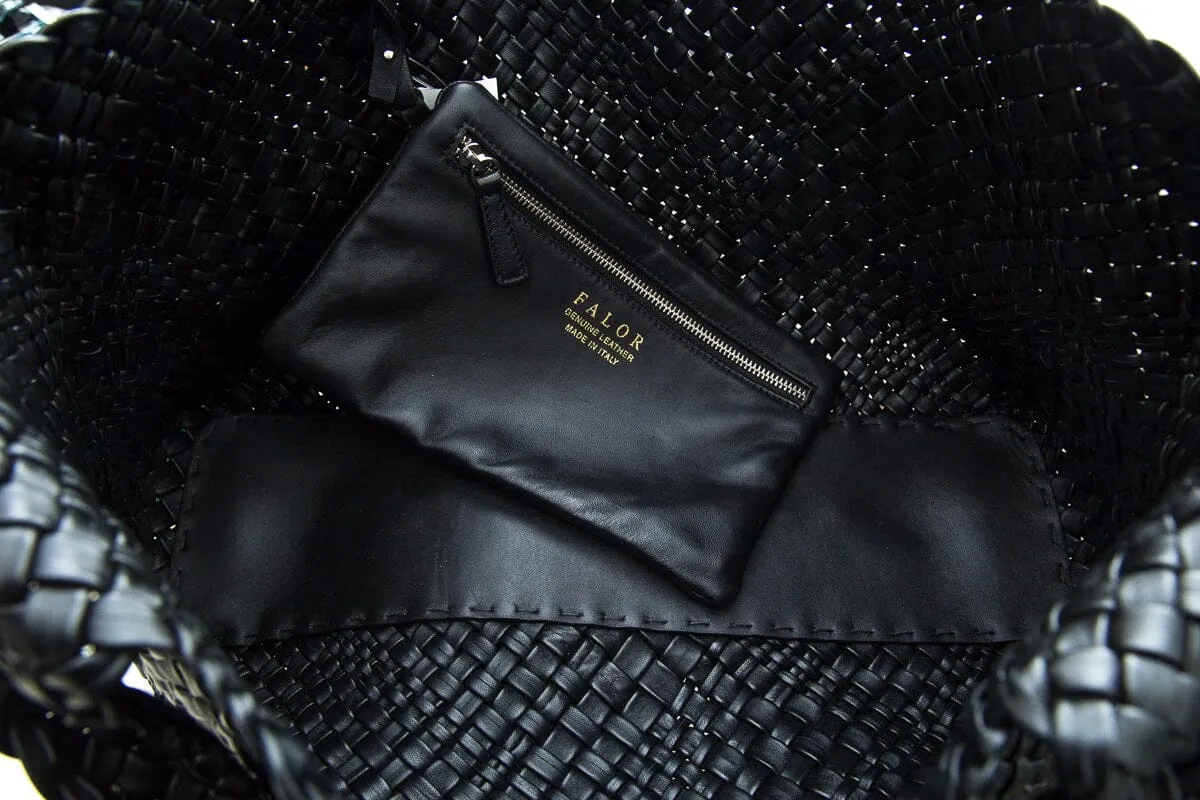 Baemi Black Leather "Falor" Gugliola Woven Tote Handbag