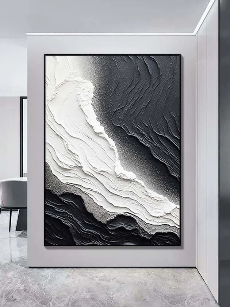 Black and White Seaside Beach Textured Painting