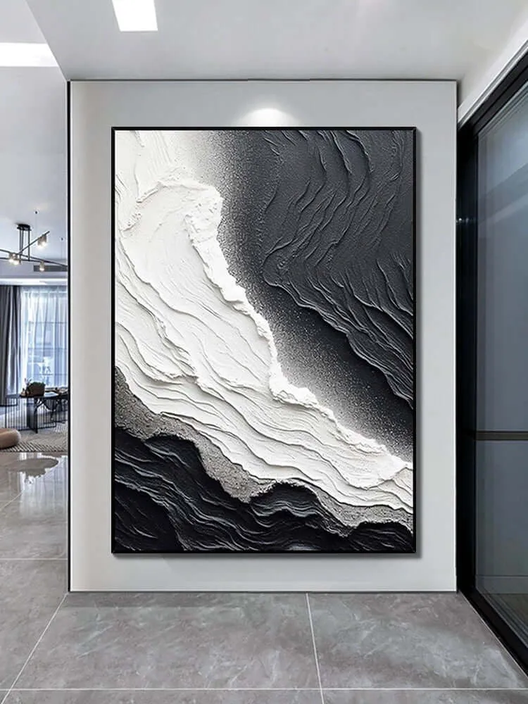 Black and White Seaside Beach Textured Painting