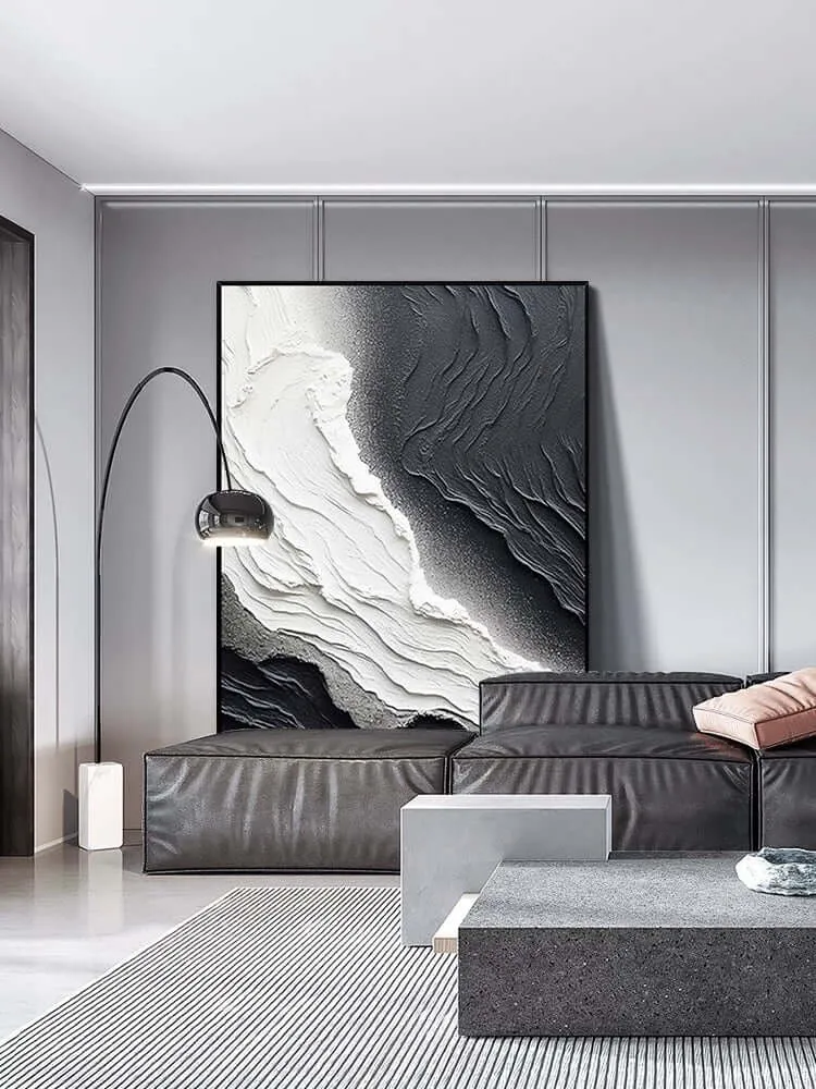 Black and White Seaside Beach Textured Painting