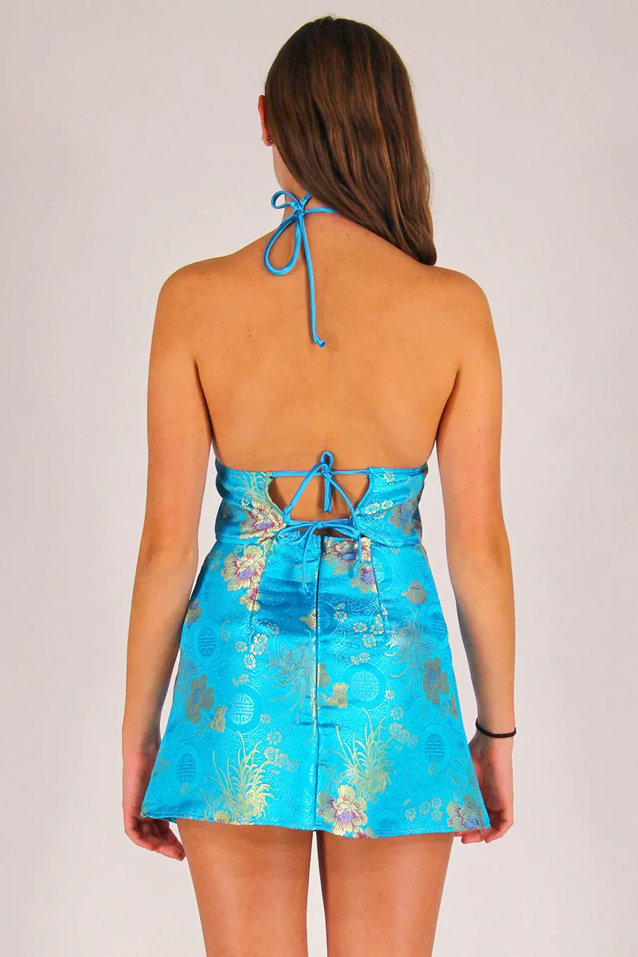 Bralette Crop Top - Turquoise Satin with Flowers