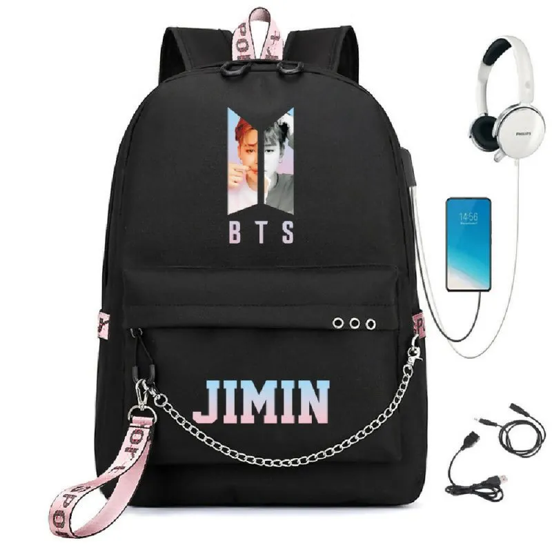 BTS BTS school bag USB charging backpack outdoor sports personalized student school bag-5