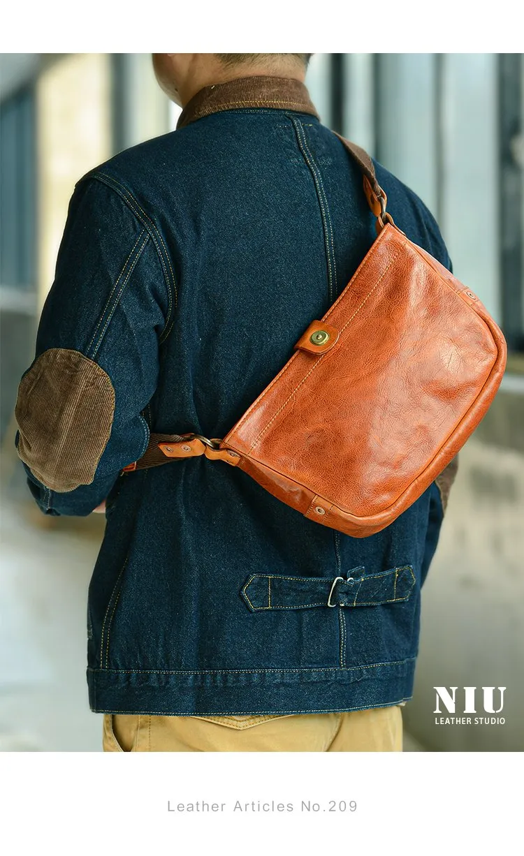Casual Tan Leather Mens 8 inches Postman Bag Side Bag Brown Leather Messenger Bags Courier Bag For Men