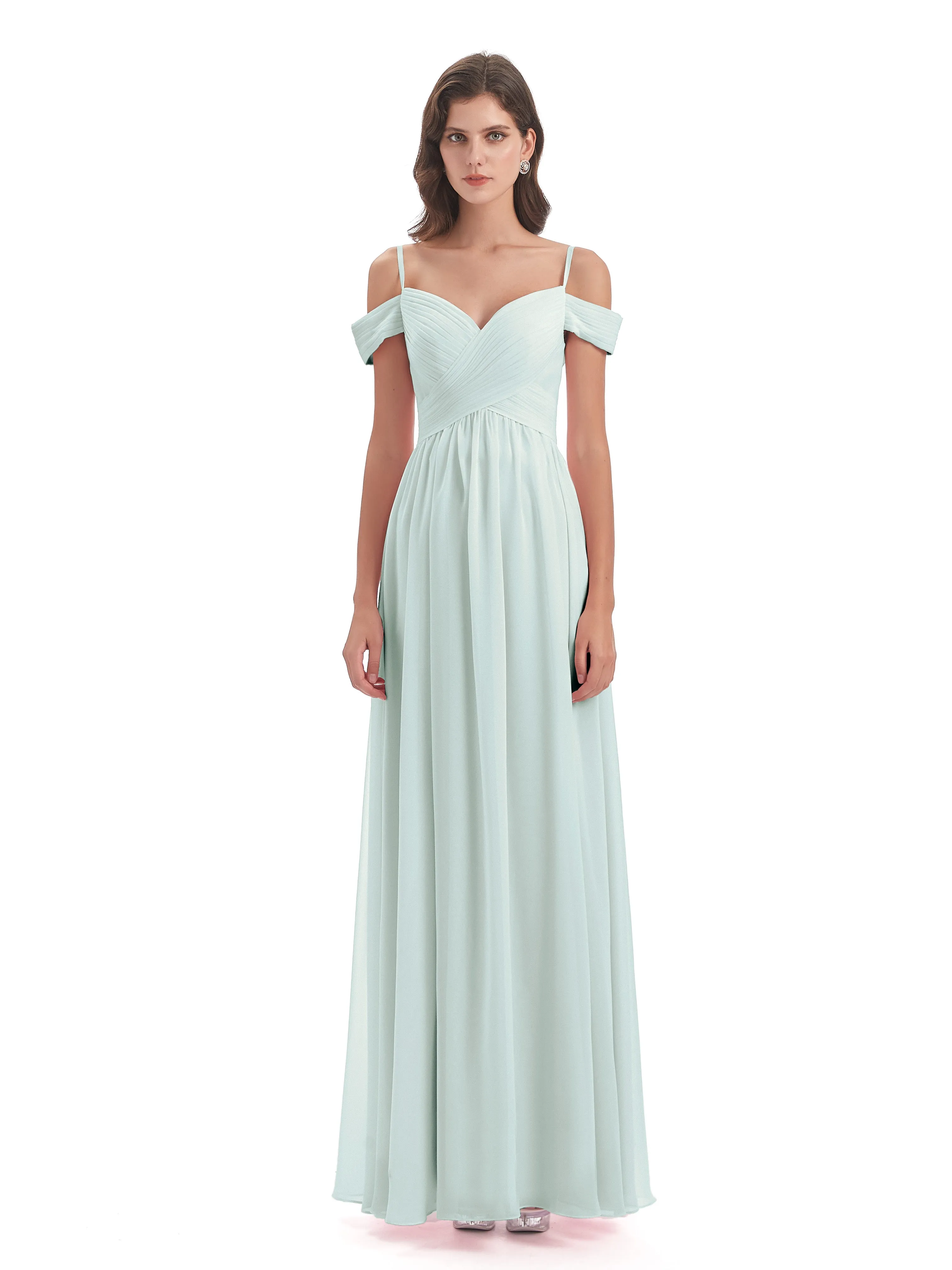 Celadon Color Bridesmaid Dresses Gorgeous Chiffon Off The Shoulder Long Bridesmaid Dresses