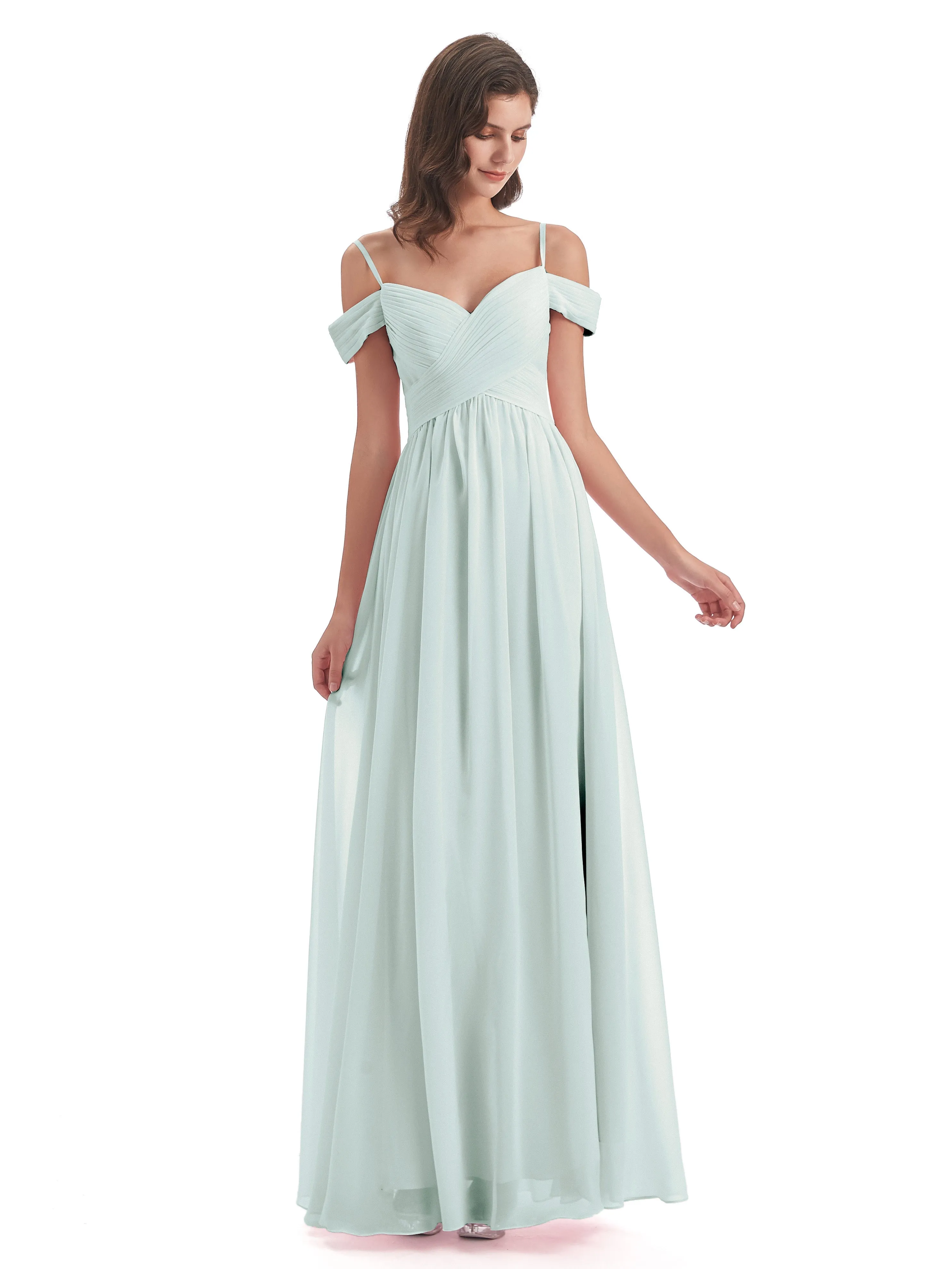 Celadon Color Bridesmaid Dresses Gorgeous Chiffon Off The Shoulder Long Bridesmaid Dresses
