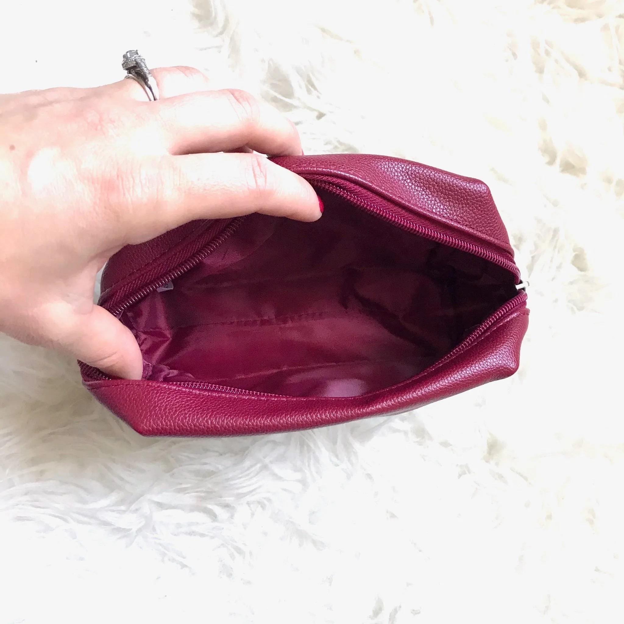 Chantecaille Two Toned Wine and Silver Cosmetic Zipper Pouch