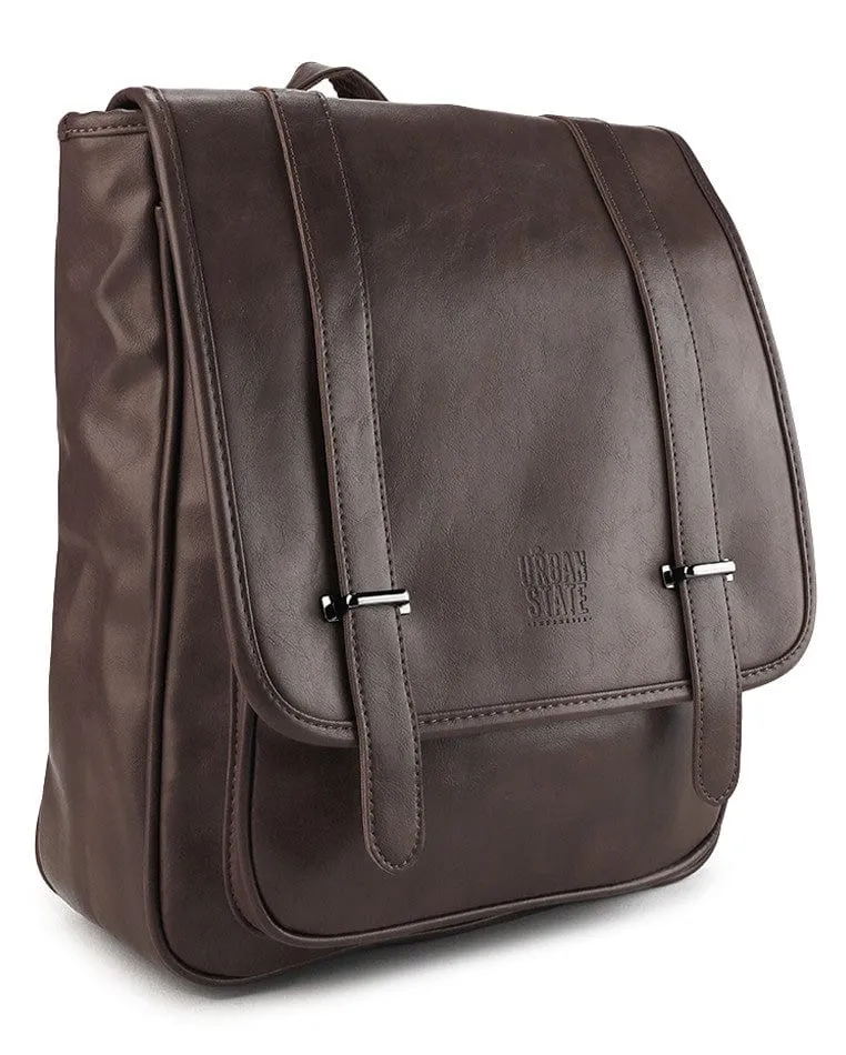 Distressed Leather Commuter Messenger Backpack - Dark Brown