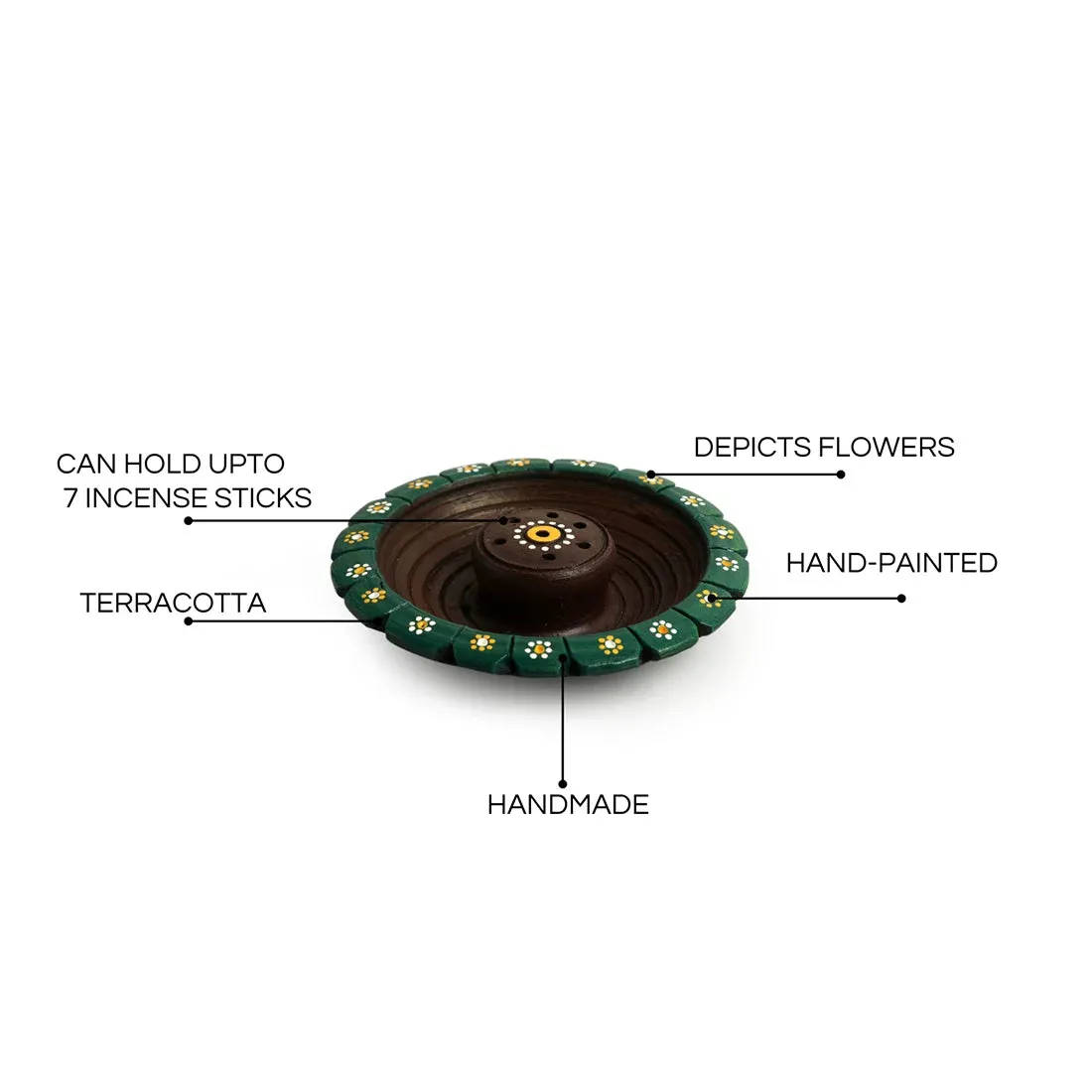 'Flower Garden' Hand-Painted Incense Stick Holder In Terracotta (7 Sticks Holder, 13.7 cm)