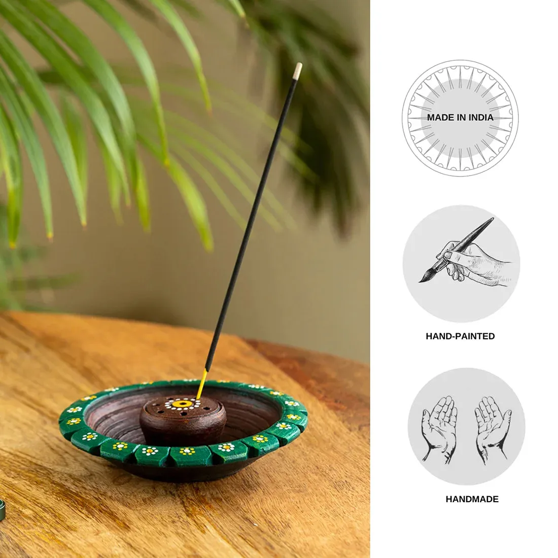 'Flower Garden' Hand-Painted Incense Stick Holder In Terracotta (7 Sticks Holder, 13.7 cm)