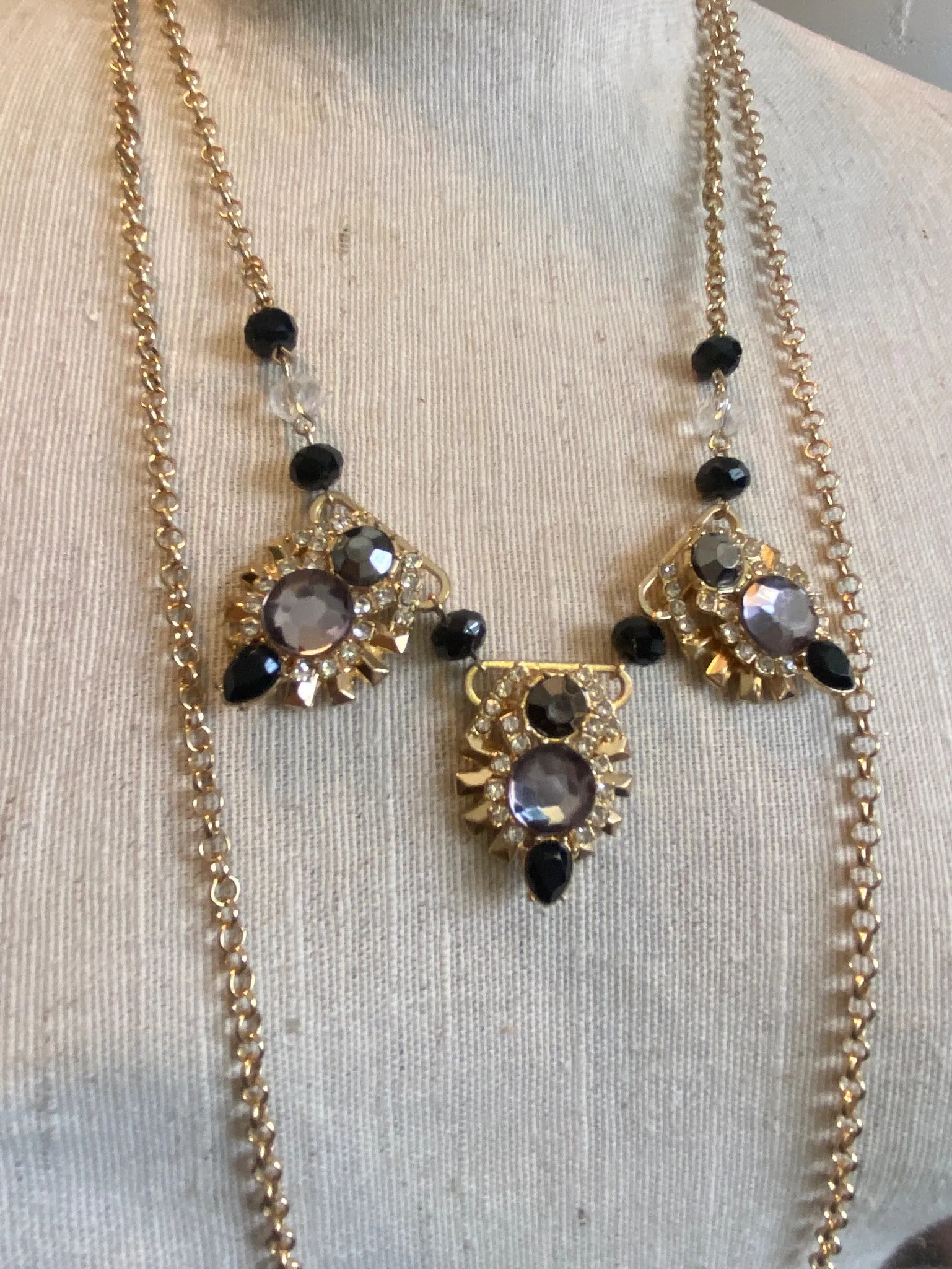 Gold Tone Metal Chain Rhinestone Statement Wrap Necklace