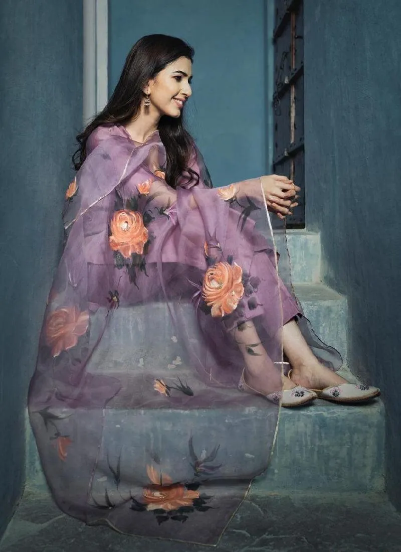 Gorgeous Lavender Color art Silk Base Pant Style Suit