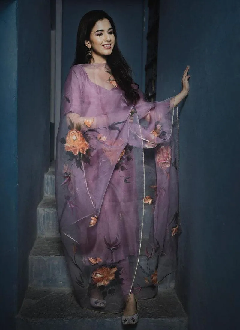 Gorgeous Lavender Color art Silk Base Pant Style Suit