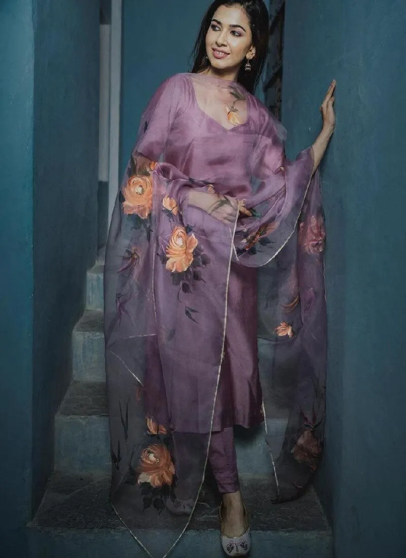 Gorgeous Lavender Color art Silk Base Pant Style Suit