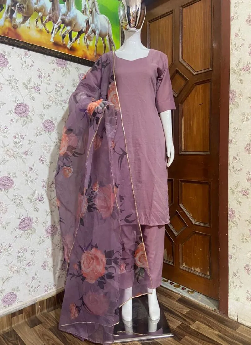 Gorgeous Lavender Color art Silk Base Pant Style Suit