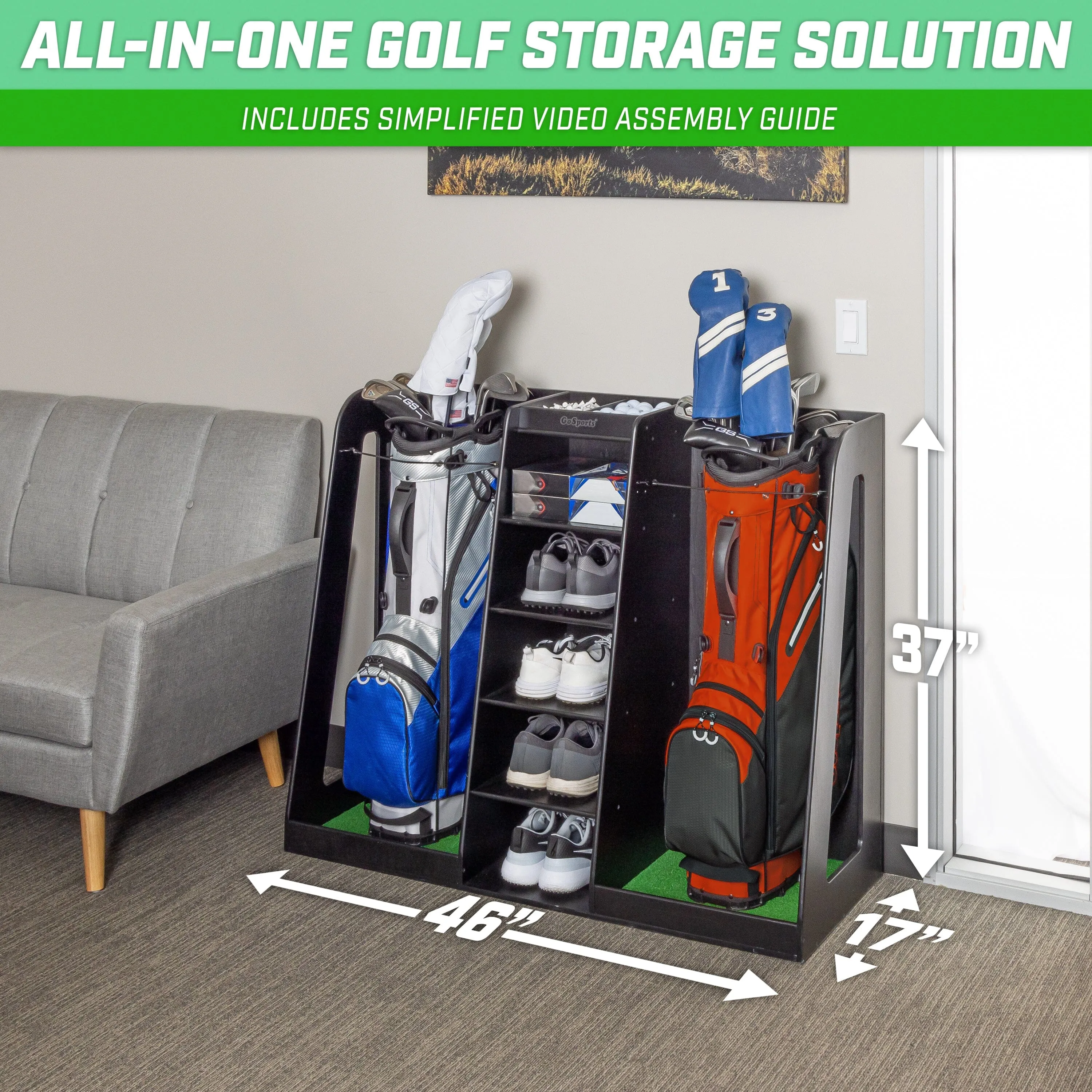 GoSports Double Premium Wooden Golf Bag Organizer and Storage Rack - Black