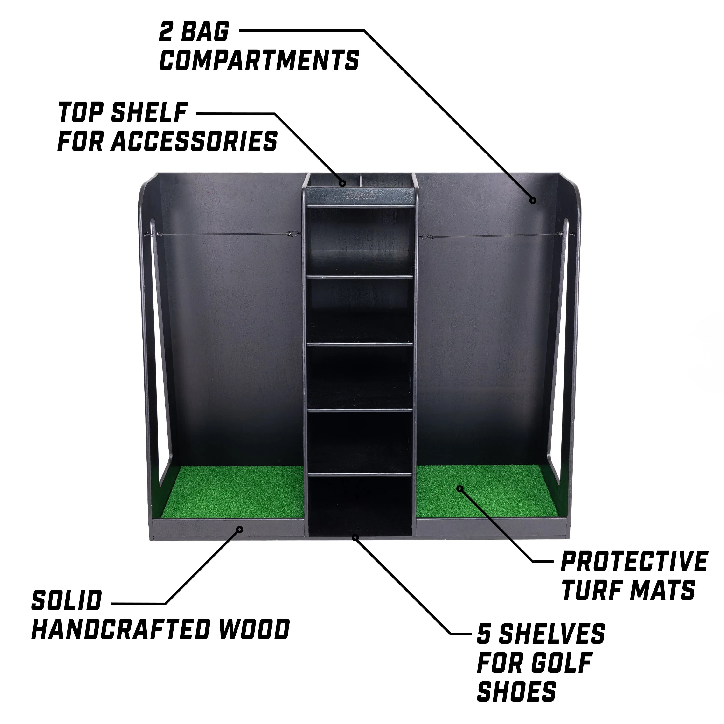 GoSports Double Premium Wooden Golf Bag Organizer and Storage Rack - Black