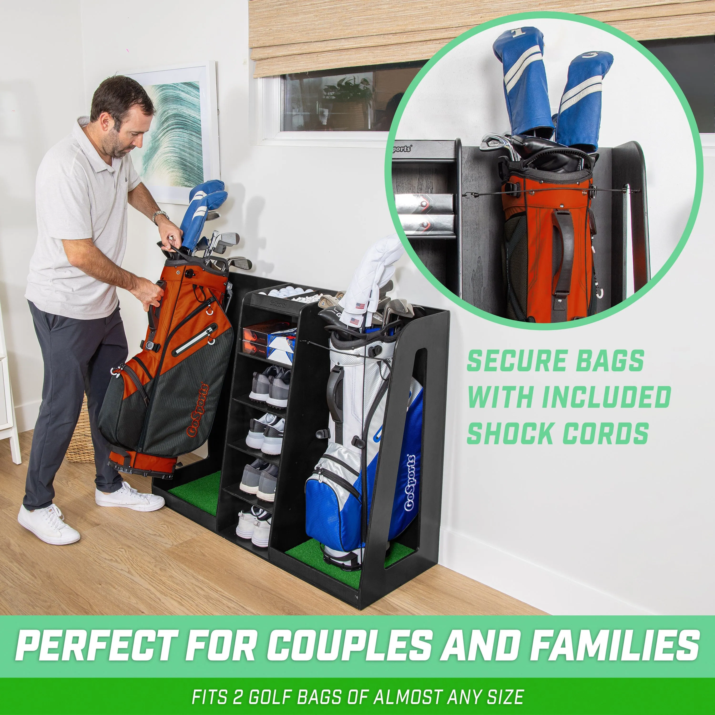 GoSports Double Premium Wooden Golf Bag Organizer and Storage Rack - Black