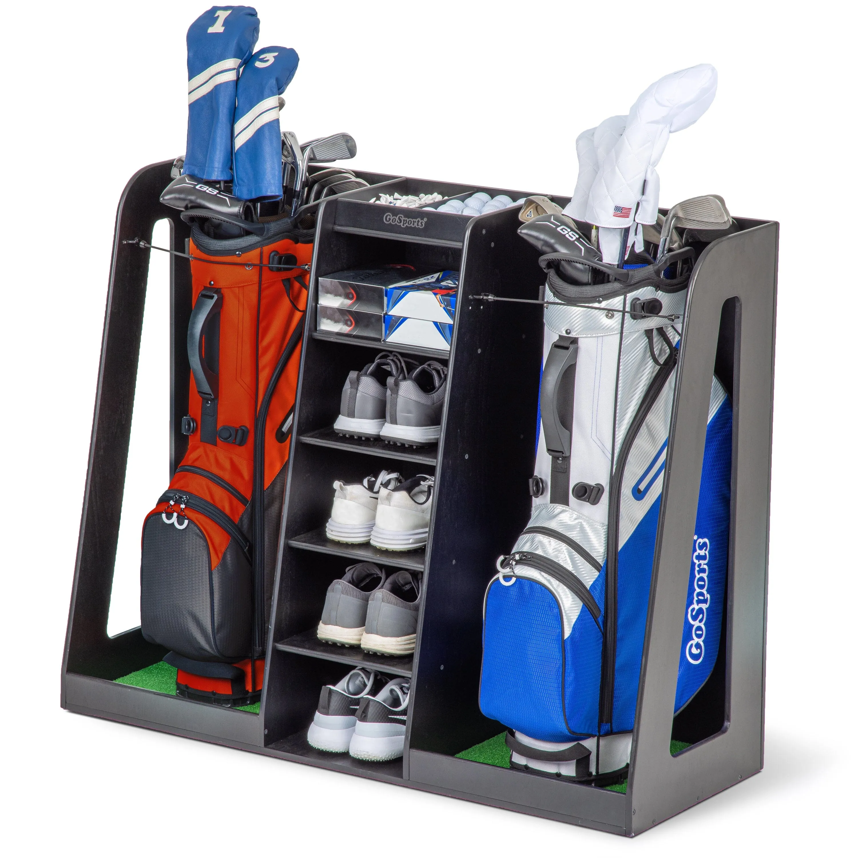 GoSports Double Premium Wooden Golf Bag Organizer and Storage Rack - Black