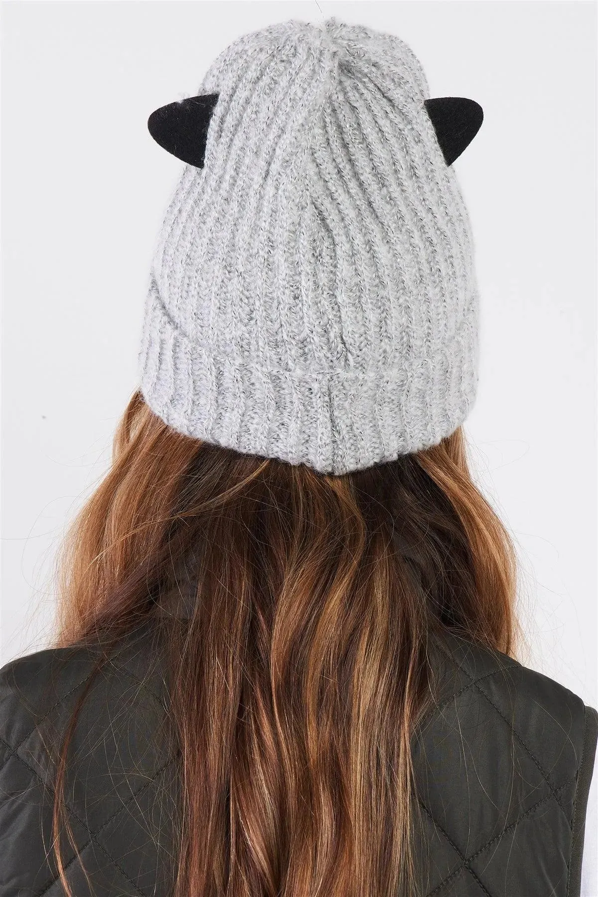 Grey Rhinestone Cat Ears Glitter Woven Knit Beanie /3 Pieces