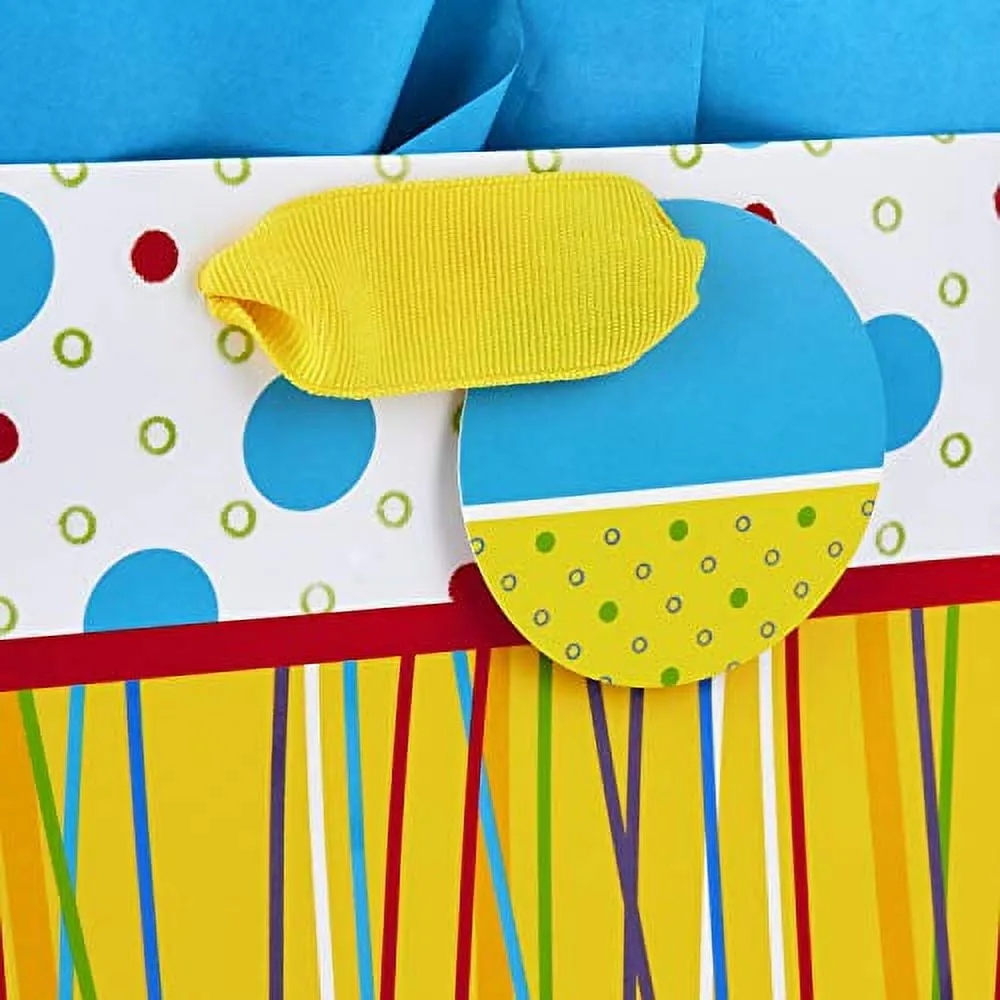 Hallmark 9" Medium Gift Bag with Tissue Paper (Yellow with Multicolored Stripes and Polka Dots) for Birthdays, Baby Showers or Any Occasion