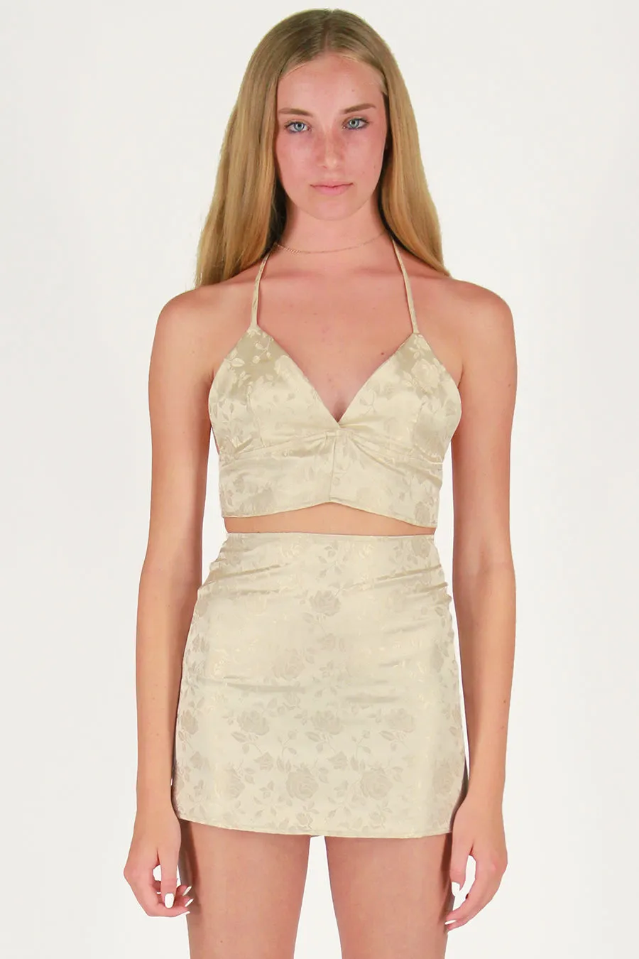 Halter Bralette - Champagne Satin with Roses