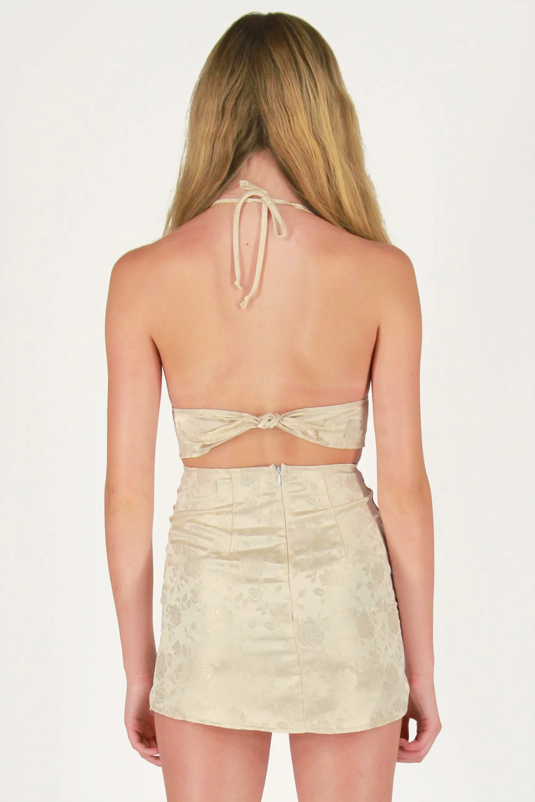 Halter Bralette - Champagne Satin with Roses
