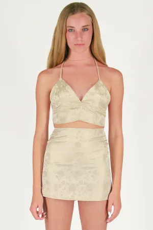 Halter Bralette - Champagne Satin with Roses