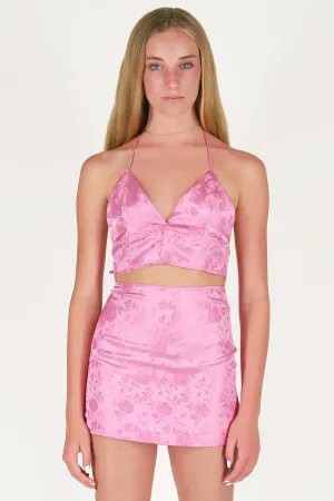 Halter Bralette - Pink Satin with Roses