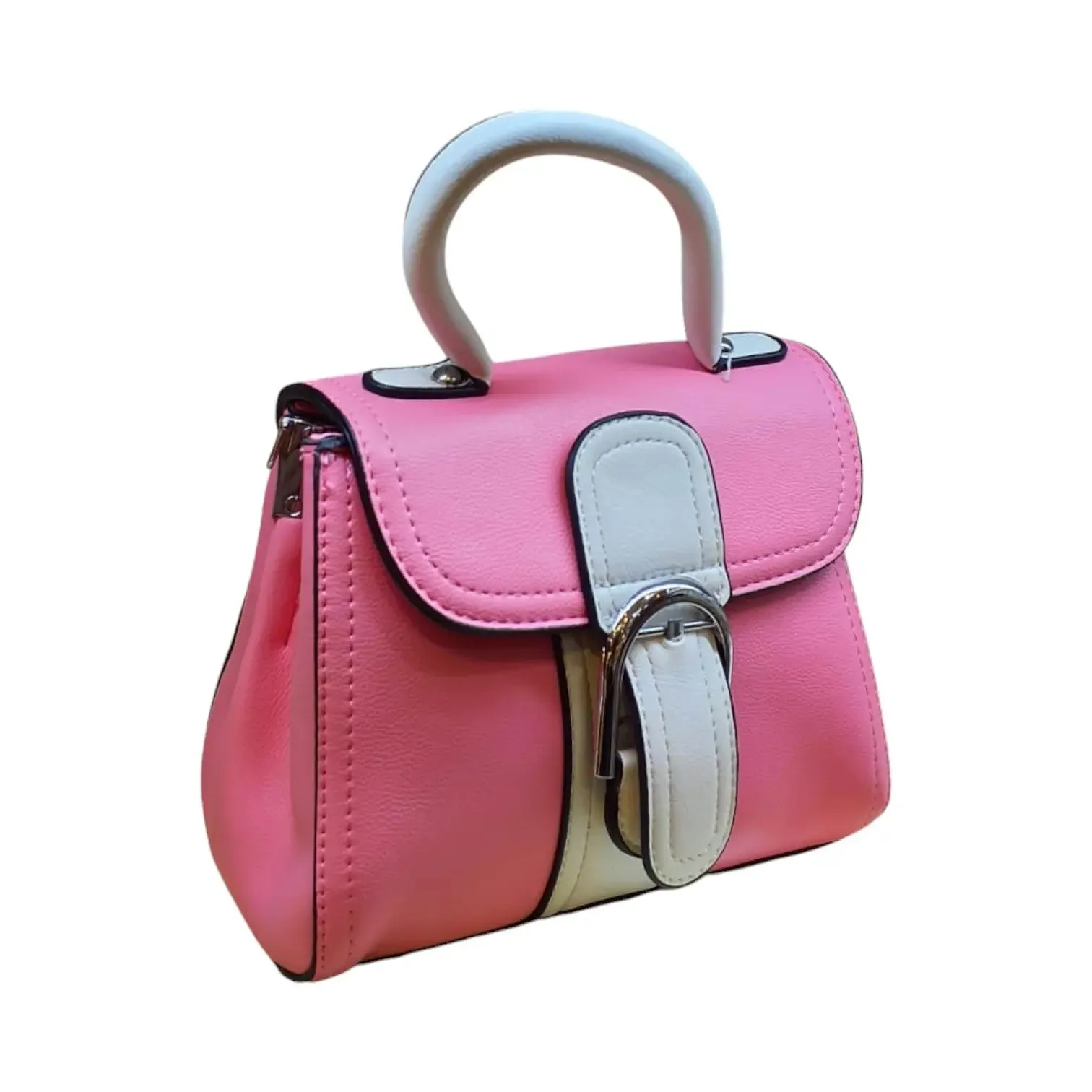 Handbag with White Handle and Buckle Accent