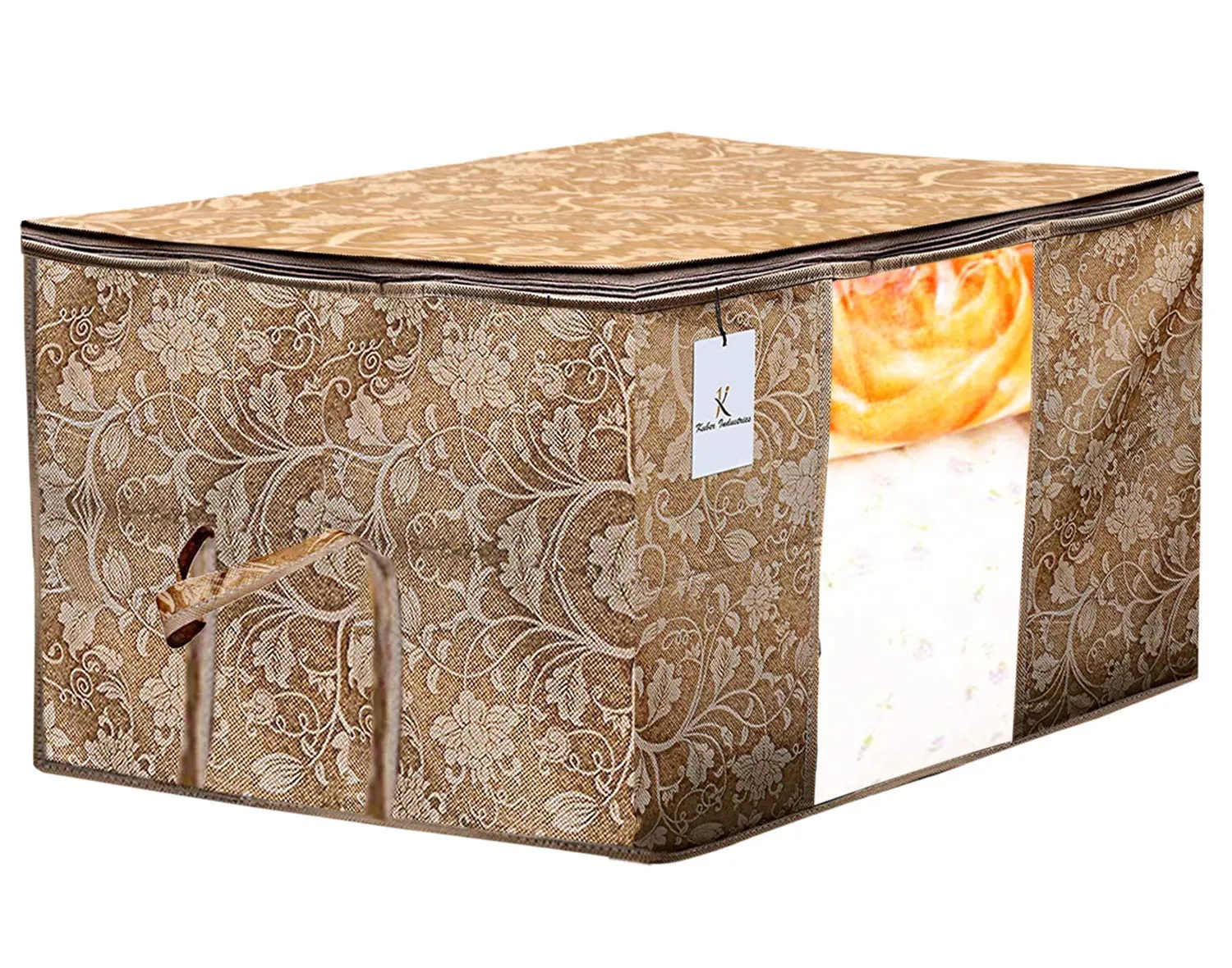 Heart Home Metalic Printed 10 Piece Non Woven Fabric Underbed Storage Bag,Cloth Organiser,Blanket Cover with Transparent Window, Gold & Beige - CTHH23103