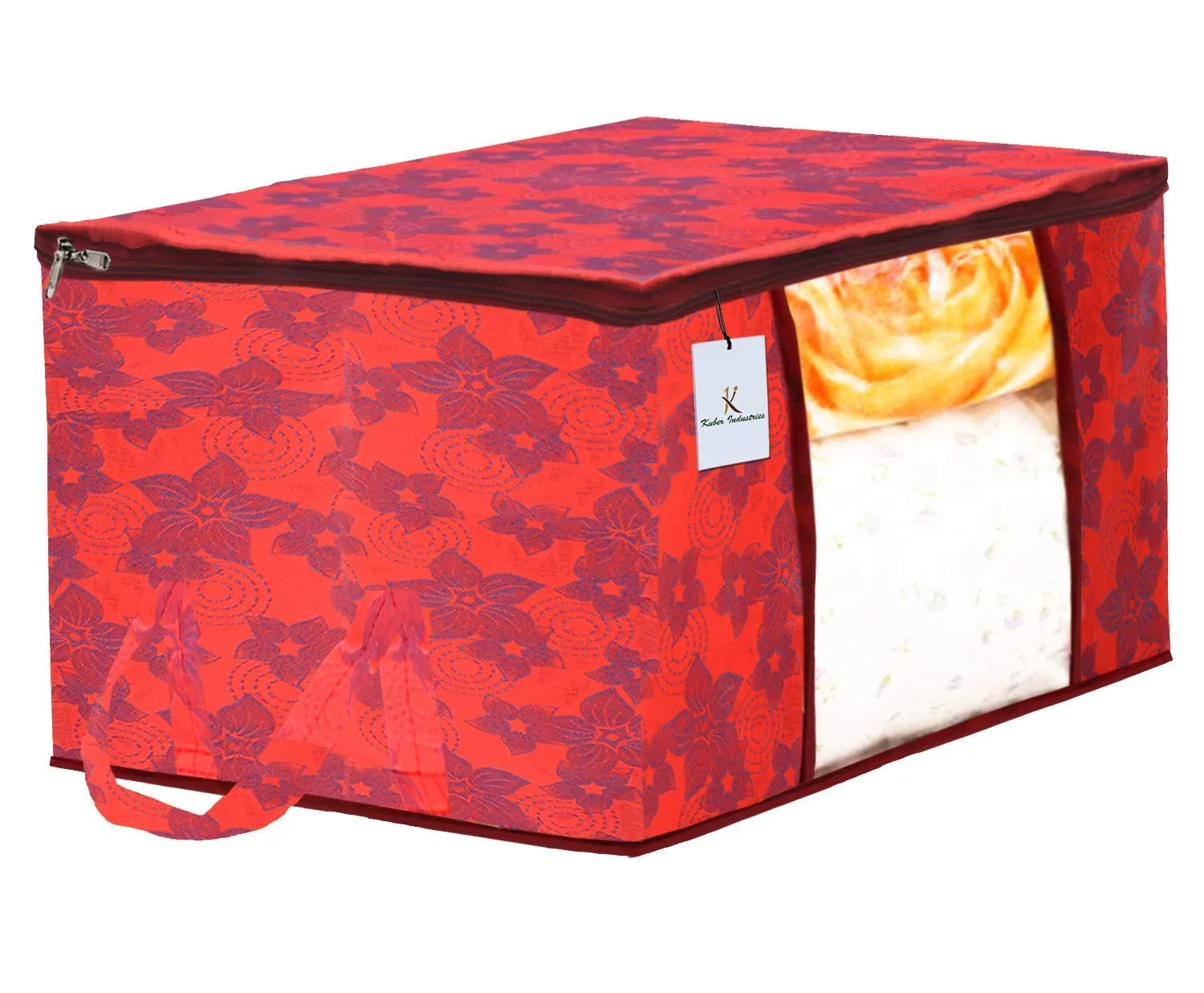 Heart Home Metallic Printed Non Woven 3 Pieces Saree Cover and 2 Pieces Underbed Storage Bag, Cloth Organizer for Storage, Blanket Cover Combo Set (Red) - CTHH17931